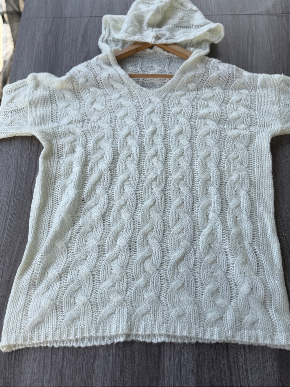 Cream White Open Cable Knit Hooded Sweater Women XXL V-Neck Slouchy Pullover - Picture 7 of 12